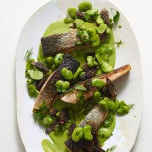 Seared salmon, morels & fava beans with green goddess sauce