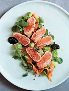 Seared salmon, nori sauce, crispy buckwheat, gomasio and avocado