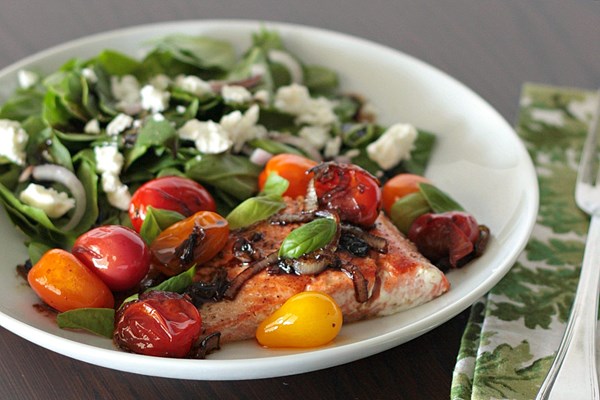 Seared salmon with balsamic-blistered tomatoes