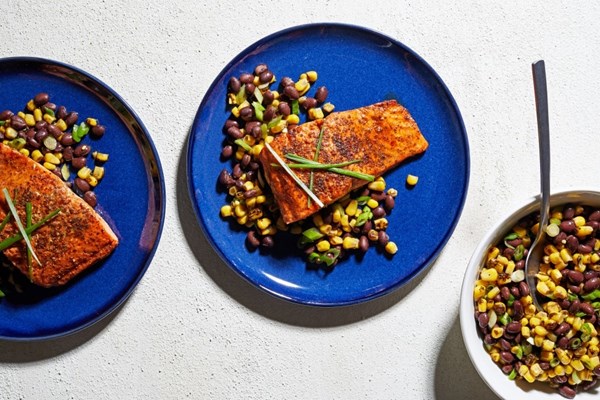 Seared salmon with corn-black bean salad