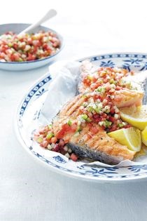 Seared salmon with 'gazpacho' salad
