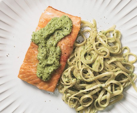 Seared salmon with linguine and ramp pesto