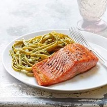 Seared salmon with pesto fettuccine