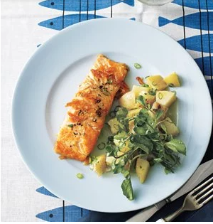 Seared salmon with potato and watercress salad