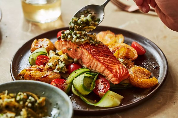 Seared salmon with preserved lemon & caper salsa and crisp potatoes