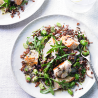 Seared salmon with red rice salad