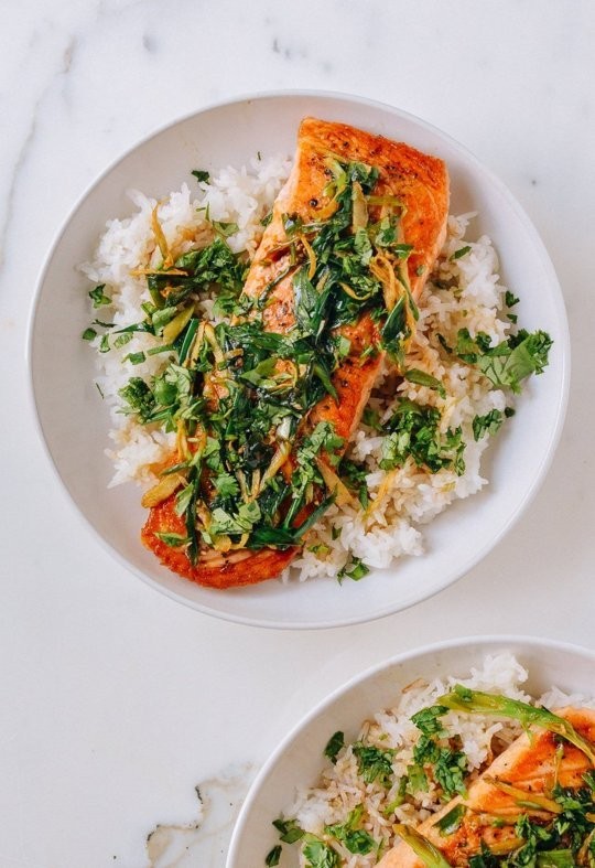 Seared salmon with soy, scallions, and ginger