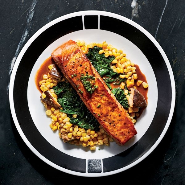 Seared salmon with summer vegetables