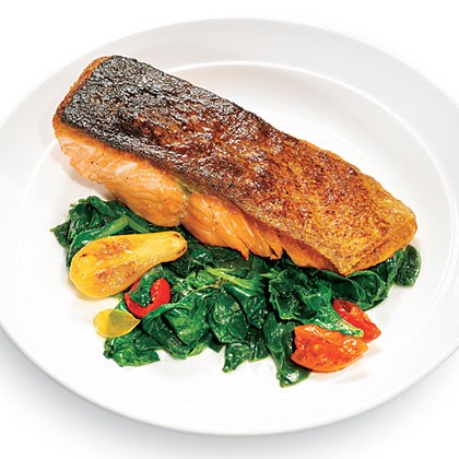Seared salmon with wilted spinach