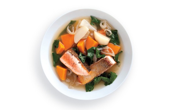 Seared salmon with winter vegetables and kombu broth