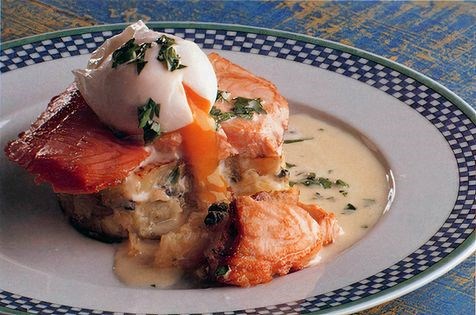 Seared salmons on tartare potato cake with warm poached egg