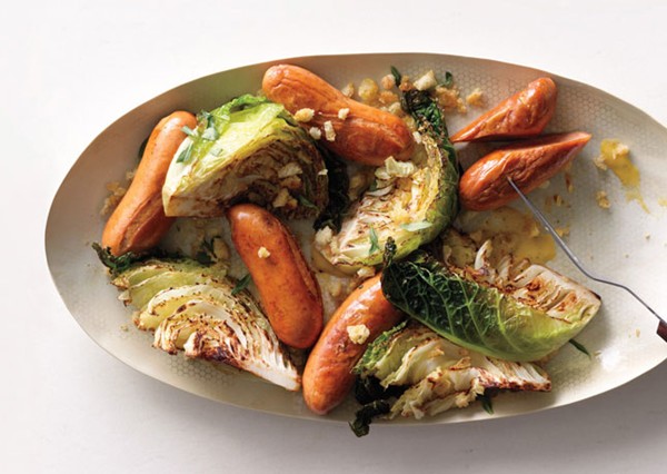 Seared Savoy cabbage with mixed sausages