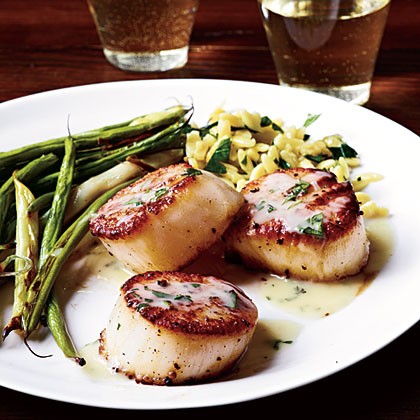 Seared scallops and herb butter sauce