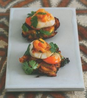 Seared scallops on plantain coconut fritters with papaya and lime salsa