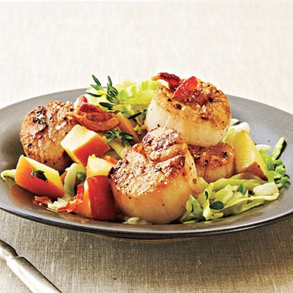 Seared scallops with bacon, cabbage, and apple