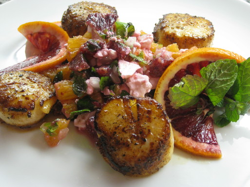 Seared scallops with blood orange, mint and feta salsa