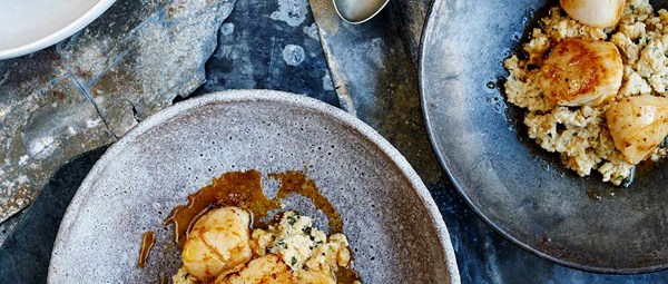 Seared scallops with brown butter and cauli 'risotto'