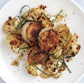 Seared scallops with cauliflower, brown butter, and basil