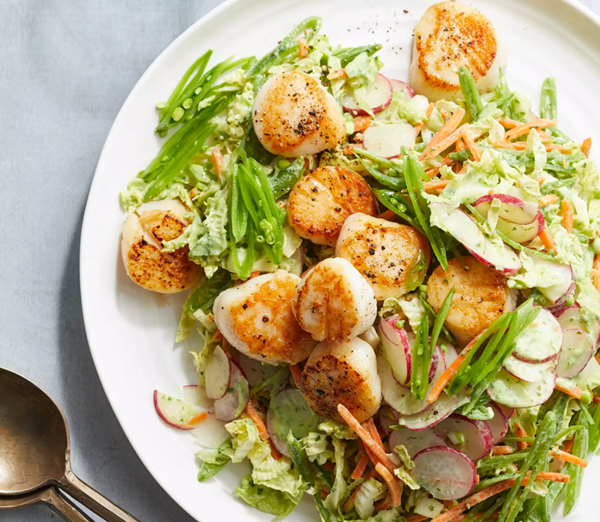Seared scallops with green goddess slaw