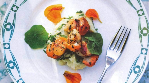 Seared scallops with lemon thyme skordalia