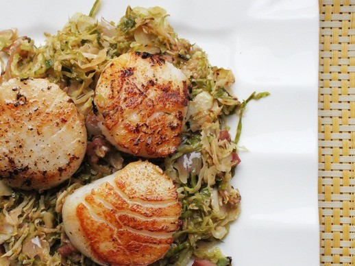 Seared scallops with pancetta and Brussels sprouts