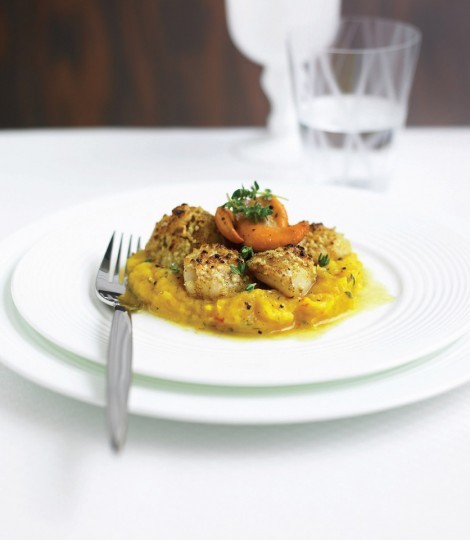 Seared scallops with peanut and Parmesan crust and squash purée