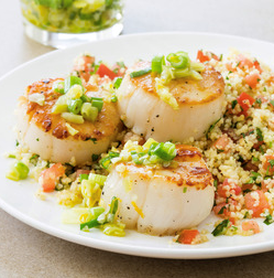 Seared scallops with pickled peppers and couscous