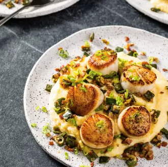 Seared scallops with polenta, bacon, and poblano chiles