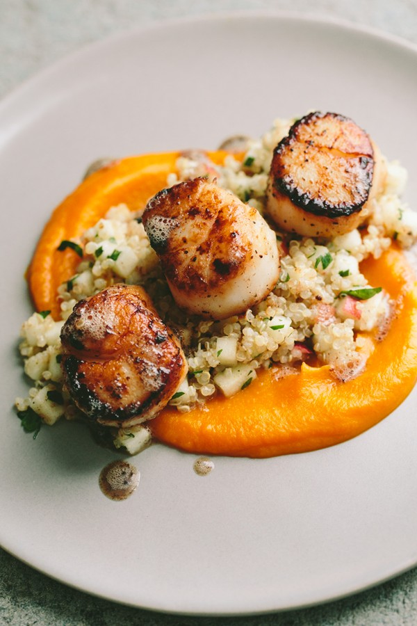 Seared scallops with quinoa and apple salad + butternut squash puree