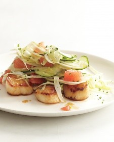 Seared scallops with shaved fennel, cucumber, and grapefruit