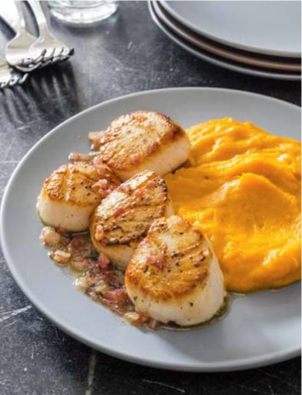 Seared scallops with squash puree and sage butter