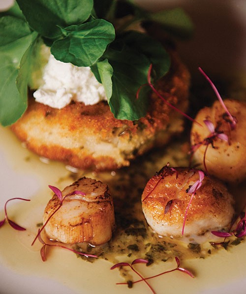 Seared scallops with sweet pea risotto cakes recipe Eat Your Books