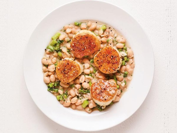 Seared scallops with white beans 