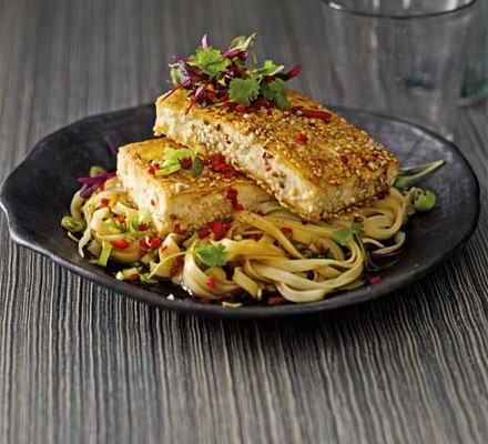 Seared sesame tofu with noodle salad