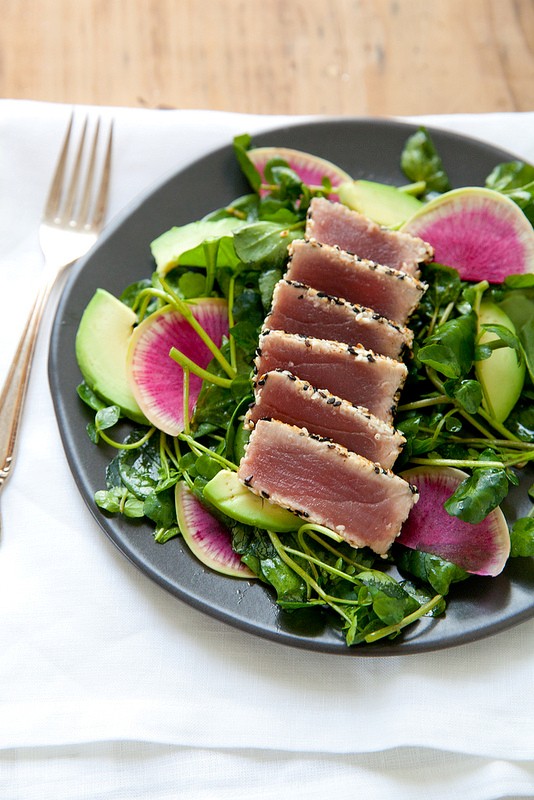 Seared sesame tuna salad with ginger soy vinaigrette