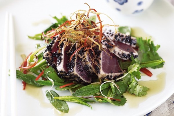 Seared sesame tuna with crispy ginger salad