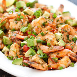 Seared shrimp with tomato, lime, and avocado