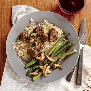Seared sirloin steak bites with miso butter and rice