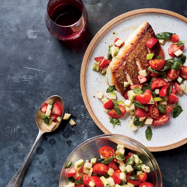 Seared snapper with Granny Smith, strawberry, and basil salsa