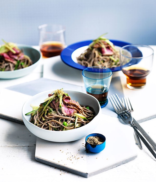 Seared soy beef with soba and cucumber