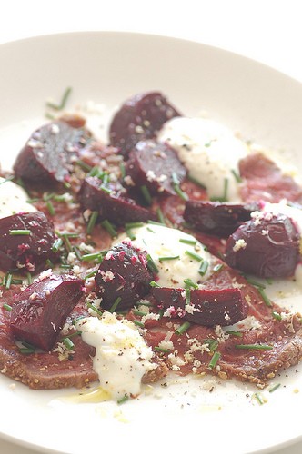 Seared spiced beef 'carpaccio' with roasted beets & goats curd