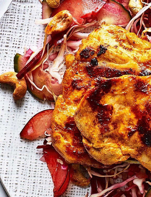 Seared Sriracha chicken with pickled plum slaw