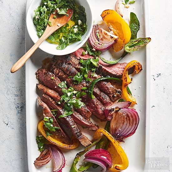 Seared steak and peppers with cilantro chimichurri