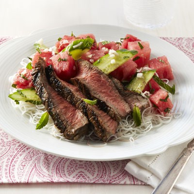 Seared steak with minted watermelon