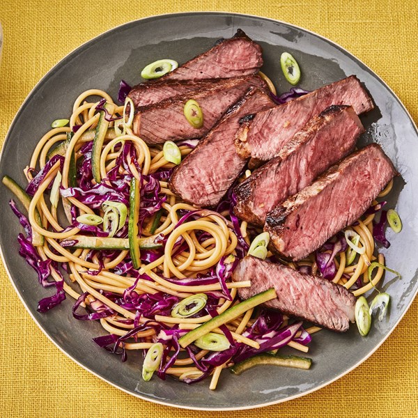 Seared steak with sesame noodle salad
