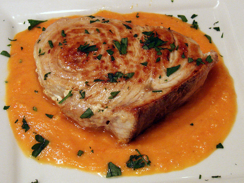 Seared swordfish with tomato-saffron coulis