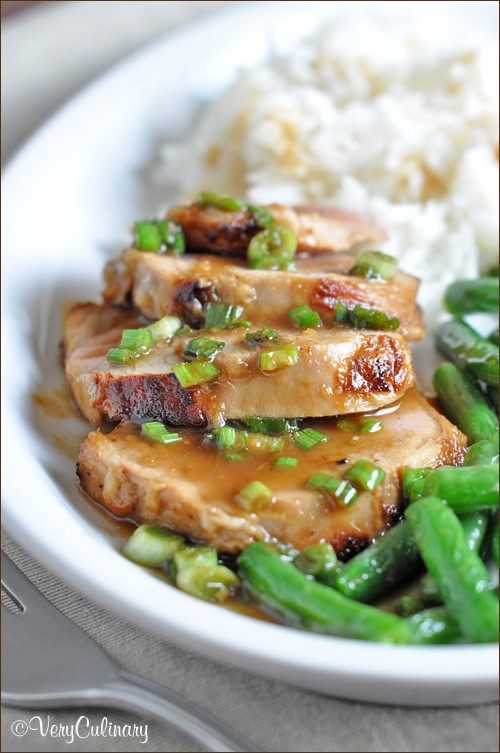Seared teriyaki pork tenderloin with wasabi-gingered soy sauce