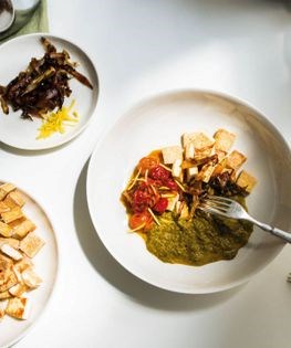 Seared tofu with spiced mustard greens
