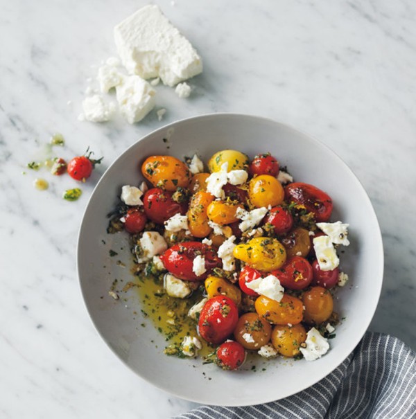 Seared tomatoes with arugula pesto & feta