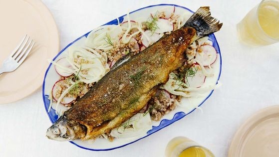 Seared trout w/bulgur, fennel, radish + creamy mustard dressing